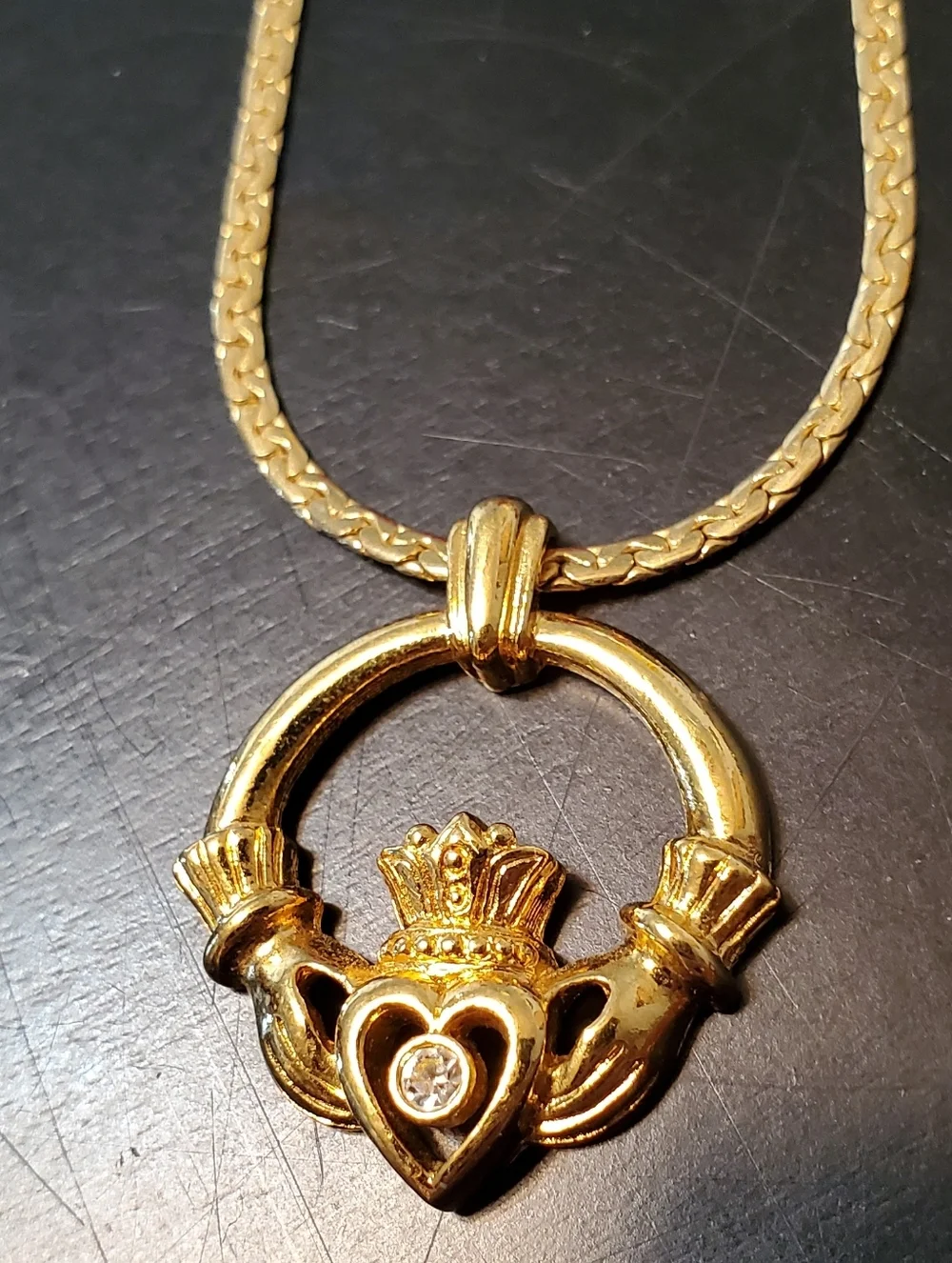 Faux Gold Claddagh Pendant Necklace with Heart and‎ Clear Stone